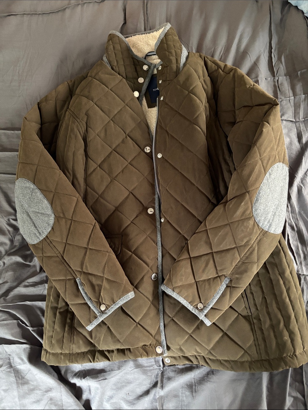 Nautica Olive Green Quilted Puffer Jacket with Gray Elbow Patches
